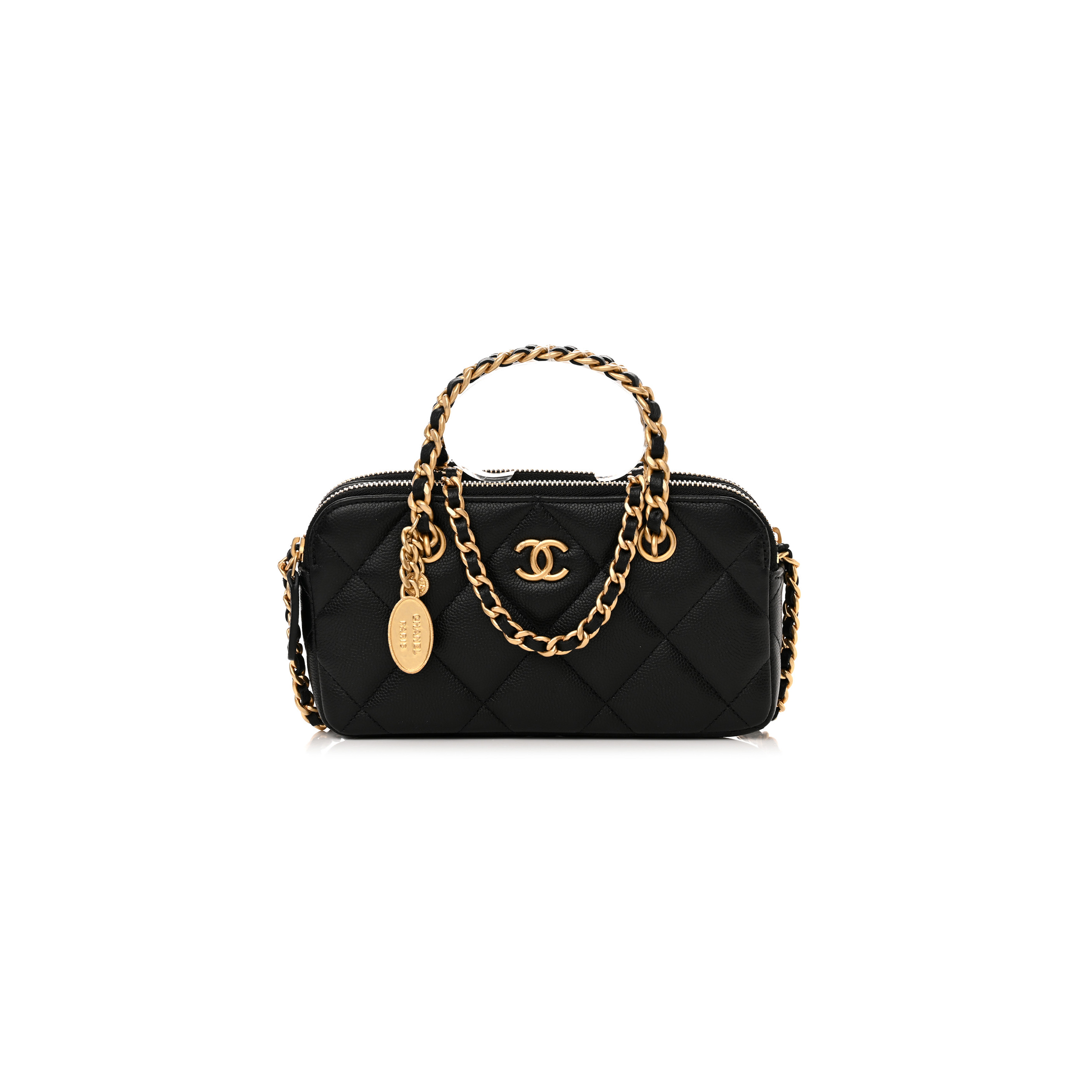 CHANEL CAVIAR QUILTED TOP HANDLE PHONE HOLDER WITH CHAIN BLACK AP3495 (18*11*4cm)